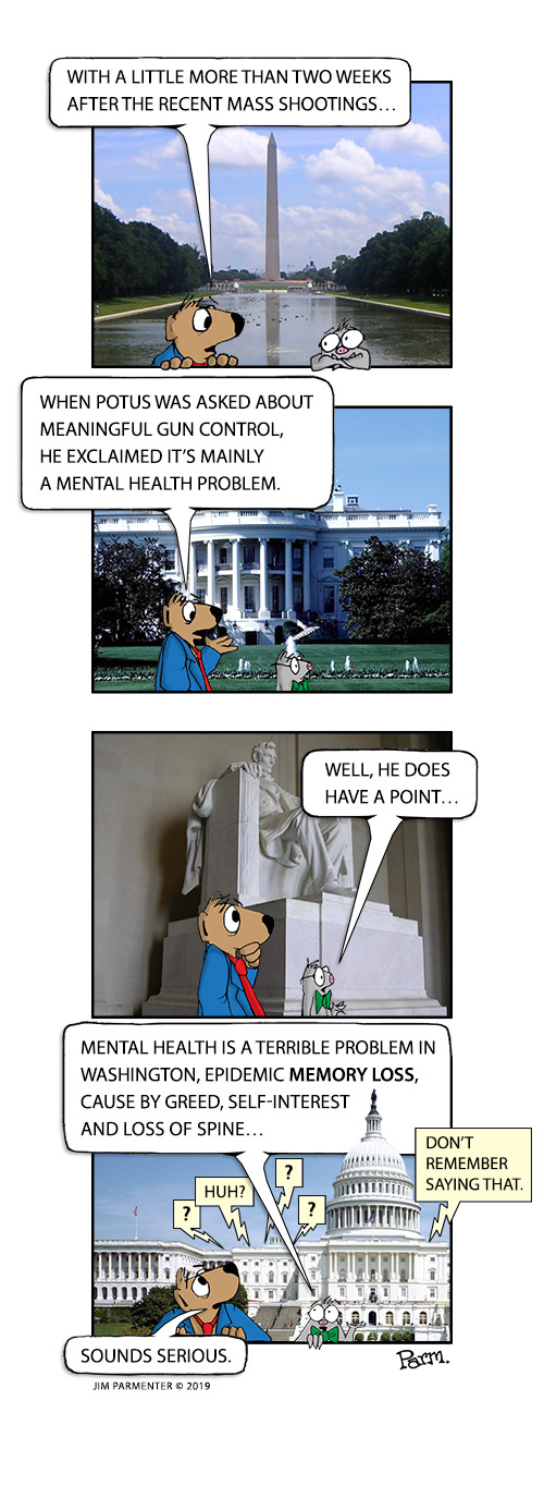 With a little more than two weeks after the recent mass shootings… 
when POTUS was asked about meaningful gun control, he exclaimed it’s mainly a mental health problem. 
Well, he does have a point… 
Mental health is a terrible problem in Washington, epidemic memory loss. cause by greed, self-interest and loss of spine… Sounds serious.
