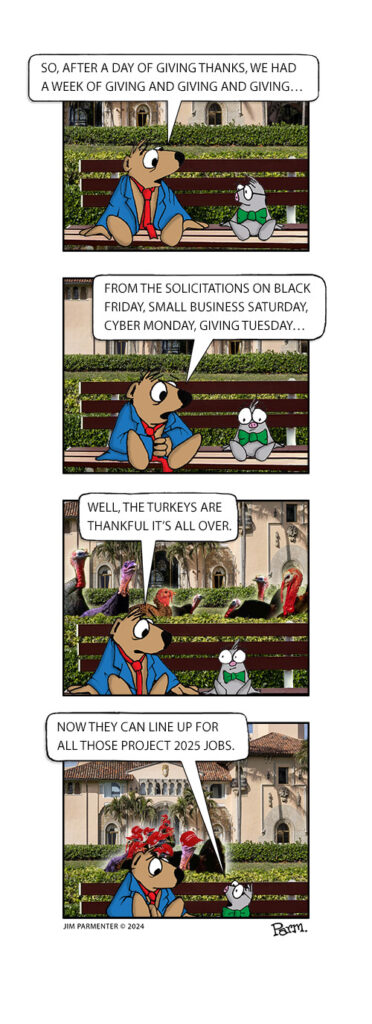 So, after a day of giving Thanks, we had a week of giving and giving and giving… 
From the solicitations on Black Friday, Small Business Saturday, Cyber Monday, Giving Tuesday…
Well, the turkeys are thankful it’s all over.                             
Now they can line up for all those Project 2025 jobs.